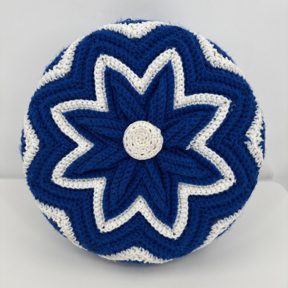 Vintage Crochet Round Granny Throw Pillow Blue White Yarn Ruffled 3D Handmade